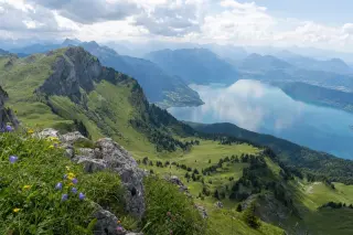 Panoramic view from alpine pastures in the Aravis overlooking Lake Annecy, with wildflowers, rocky outcrop, and soft light.