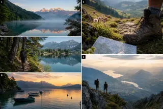 Serene, early morning lakeside at Annecy with mist and distant alpine peaks; close-up of hiking boot, map, and wildflowers; solitary hiker on pine-shaded path by the water; golden hour boats moored in a tranquil bay; two hikers seen from above with expans