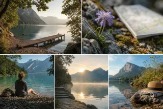 Secluded lakeshore with rustic jetty and mountain reflections, close-up of wild alpine flower and map by lakeside trail, solitary hiker resting at Lake Annecy shore, sunrise mist over calm lake and stone steps into water, ground-level view of mountain ref