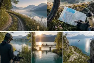 View of Annecy lakeside cycle path at dawn, dew on grass, mountains reflecting in tranquil water; alternative takes include close-up of bike gear and map, candid cyclist reading map by path, late sun highlighting cyclists on wooden lakeside bridge, and wi