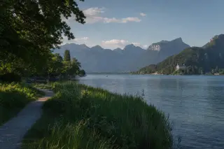 View of Lake Annecy with a natural shoreline path, wildflowers, and hints of Sévrier and Duingt villages under soft afternoon light.