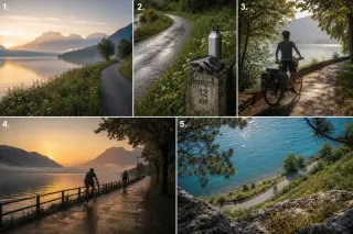 Annecy lakeshore with misty mountains and a winding cycling path at sunrise, wildflowers along the path, and soft golden light reflecting off the water.